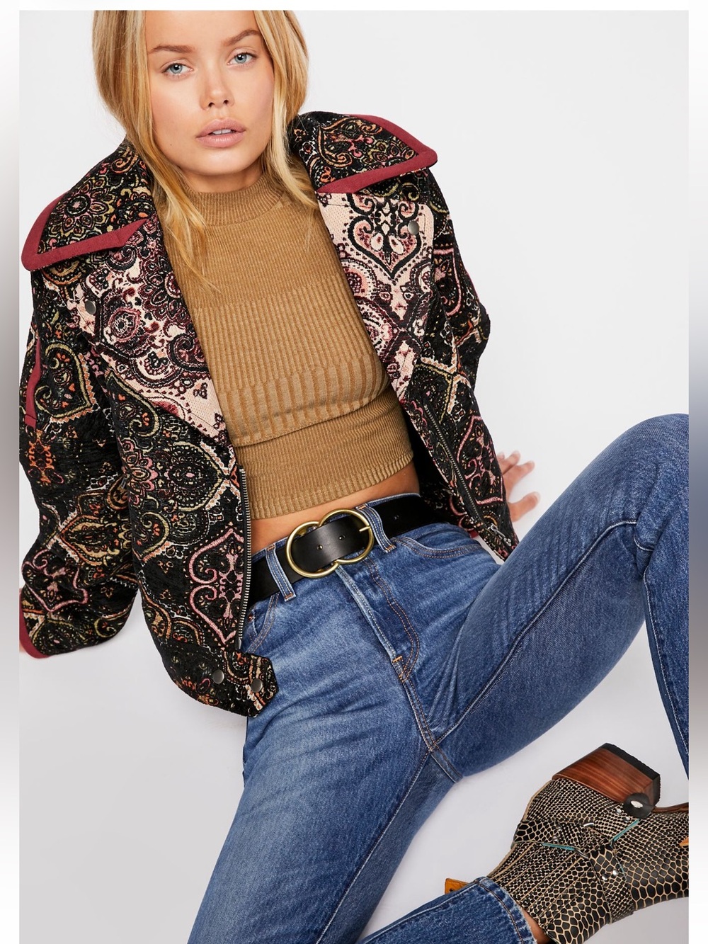 Free People Black Paisley Bomber Jacket with Rose Trim
